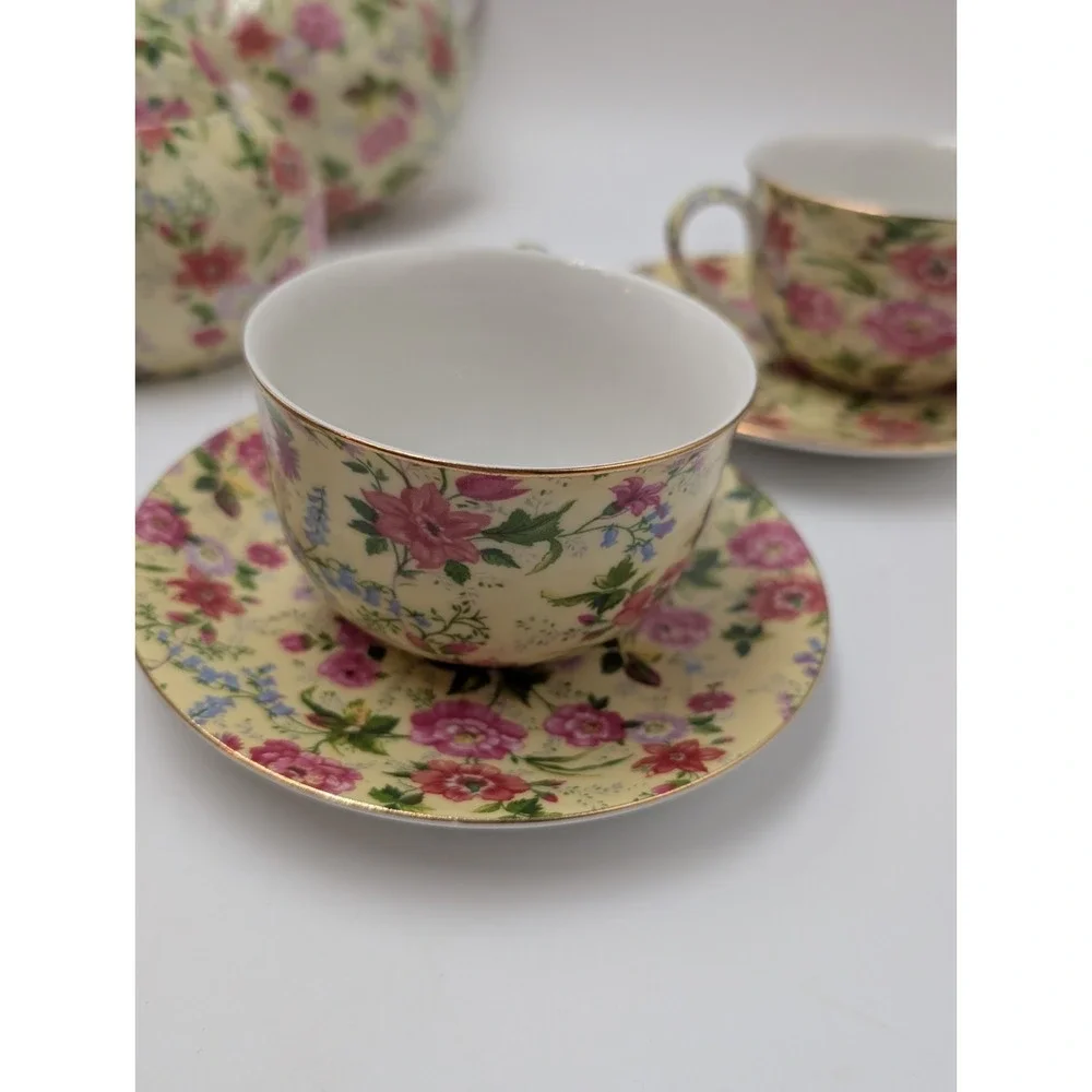 VTG Charlotte Baum Brothers China Yellow & Pink Chintz Floral 13 Pc Set Cups Tea